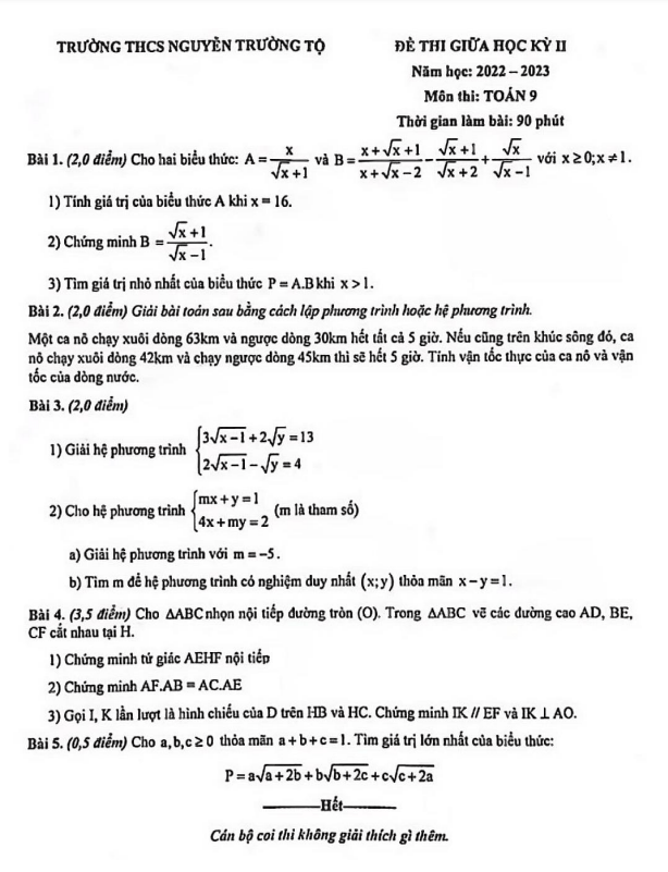 Đề giữa kỳ 2 Toán 9 năm 2022 – 2023 trường THCS Nguyễn Trường Tộ – Hà Nội