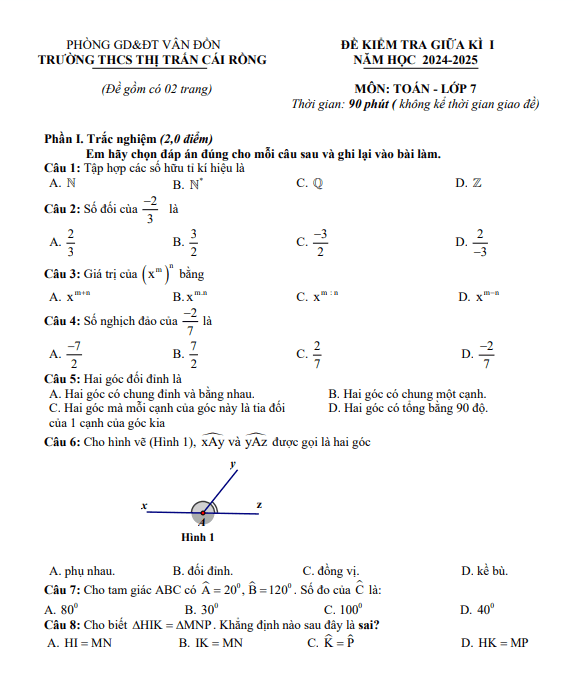 Đề GK1 Toán 7 năm 2024 – 2025 trường THCS thị trấn Cái Rồng – Quảng Ninh