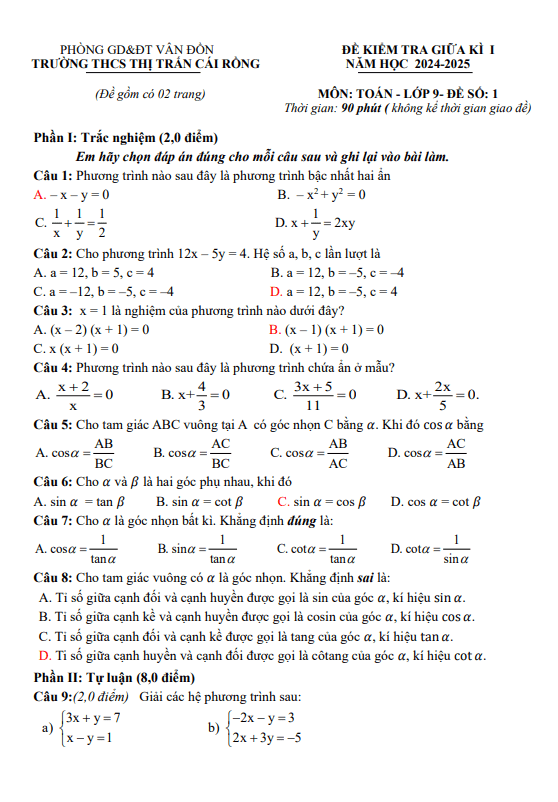 Đề GK1 Toán 9 năm 2024 – 2025 trường THCS thị trấn Cái Rồng – Quảng Ninh
