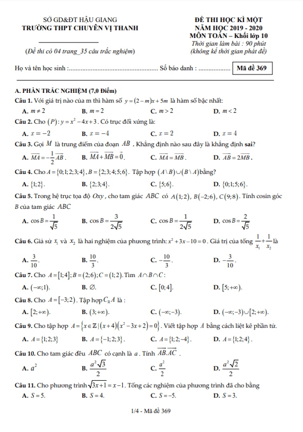 Đề học kì 1 Toán 10 năm 2019 – 2020 trường THPT chuyên Vị Thanh – Hậu Giang