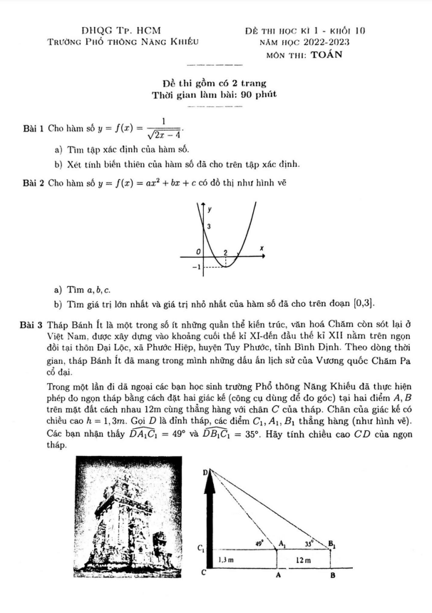 Đề học kì 1 Toán 10 năm 2022 – 2023 trường Phổ thông Năng khiếu – TP HCM