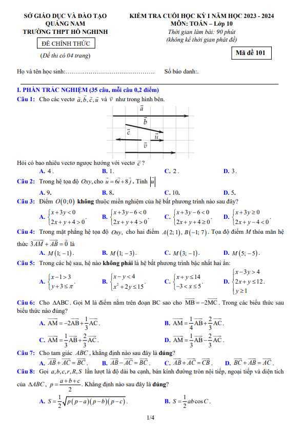 Đề học kì 1 Toán 10 năm 2023 – 2024 trường THPT Hồ Nghinh – Quảng Nam