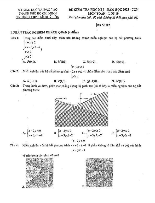Đề học kì 1 Toán 10 năm 2023 – 2024 trường THPT Lê Quý Đôn – TP HCM