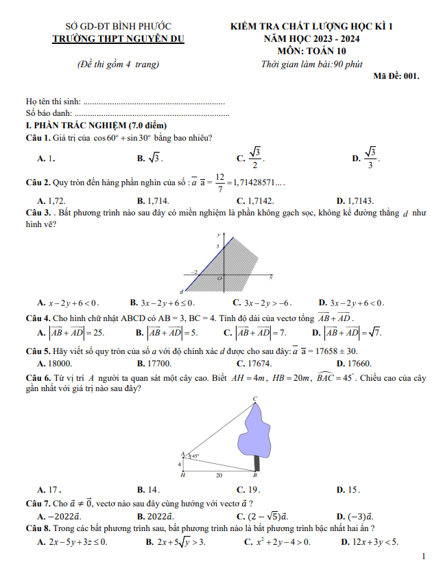 Đề học kì 1 Toán 10 năm 2023 – 2024 trường THPT Nguyễn Du – Bình Phước