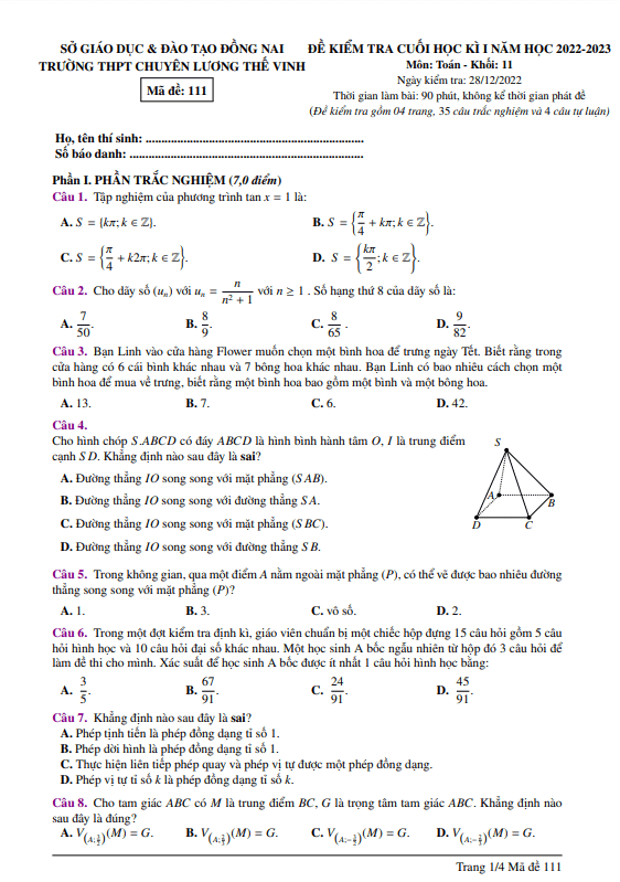 Đề học kì 1 Toán 11 năm 2022 – 2023 trường chuyên Lương Thế Vinh – Đồng Nai