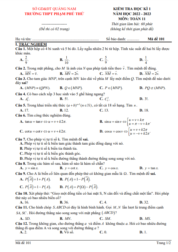 Đề học kì 1 Toán 11 năm 2022 – 2023 trường THPT Phạm Phú Thứ – Quảng Nam