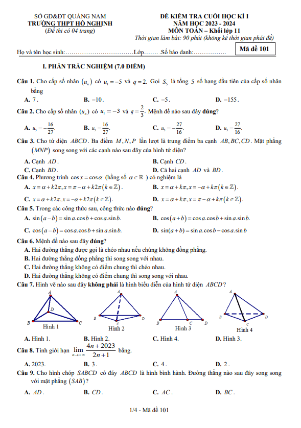 Đề học kì 1 Toán 11 năm 2023 – 2024 trường THPT Hồ Nghinh – Quảng Nam