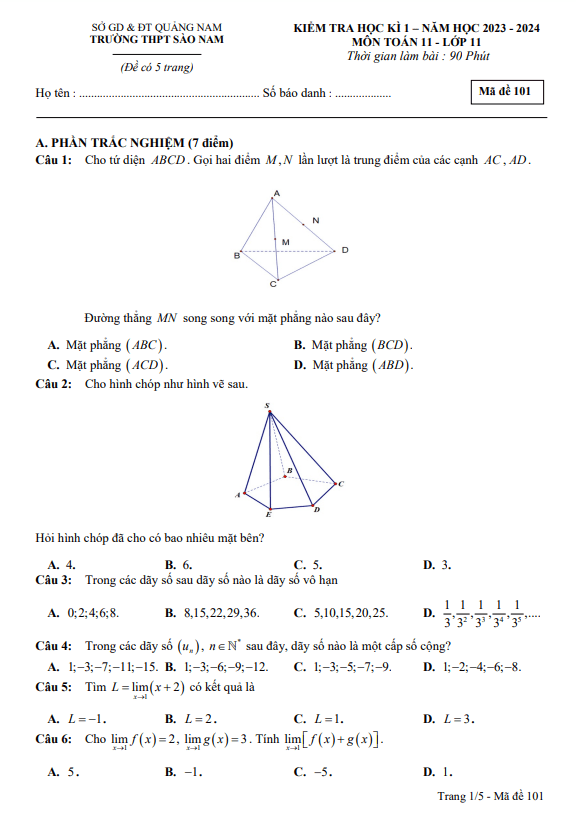Đề học kì 1 Toán 11 năm 2023 – 2024 trường THPT Sào Nam – Quảng Nam