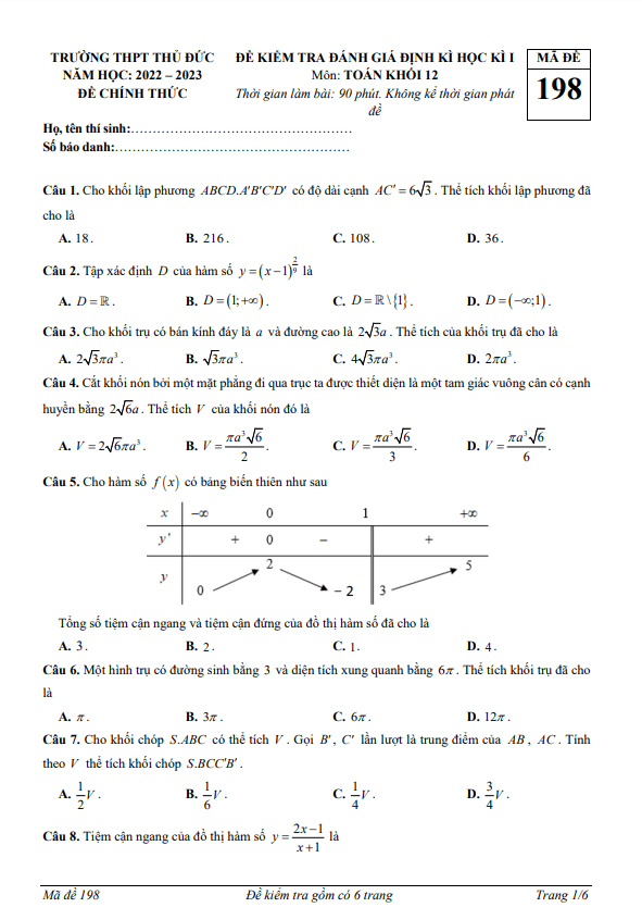 Đề học kì 1 Toán 12 năm 2022 – 2023 trường THPT Thủ Đức – TP HCM