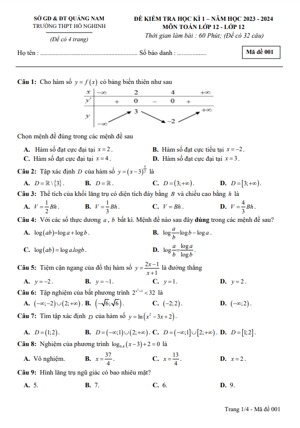 Đề học kì 1 Toán 12 năm 2023 – 2024 trường THPT Hồ Nghinh – Quảng Nam