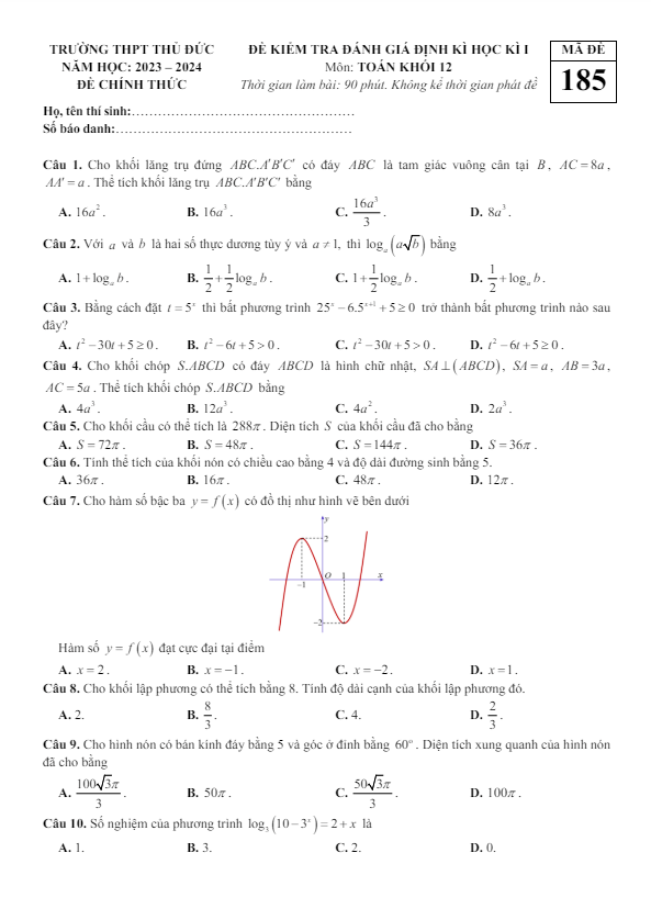 Đề học kì 1 Toán 12 năm 2023 – 2024 trường THPT Thủ Đức – TP HCM