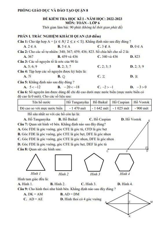 Đề học kì 1 Toán 6 năm 2022 – 2023 phòng GD&ĐT quận 8 – TP HCM