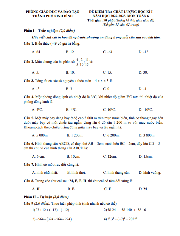 Đề học kì 1 Toán 6 năm 2022 – 2023 phòng GD&ĐT thành phố Ninh Bình