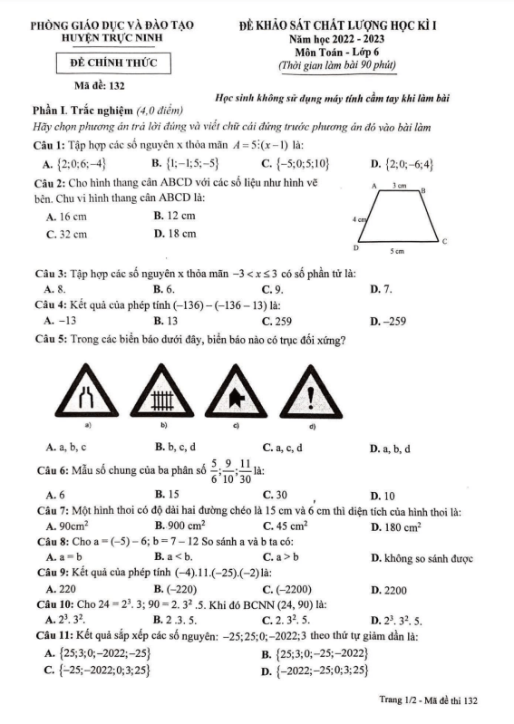 Đề học kì 1 Toán 6 năm 2022 – 2023 phòng GD&ĐT Trực Ninh – Nam Định