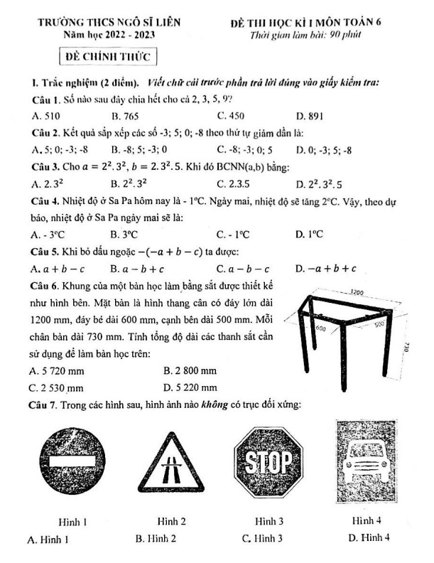 Đề học kì 1 Toán 6 năm 2022 – 2023 trường THCS Ngô Sĩ Liên – Hà Nội