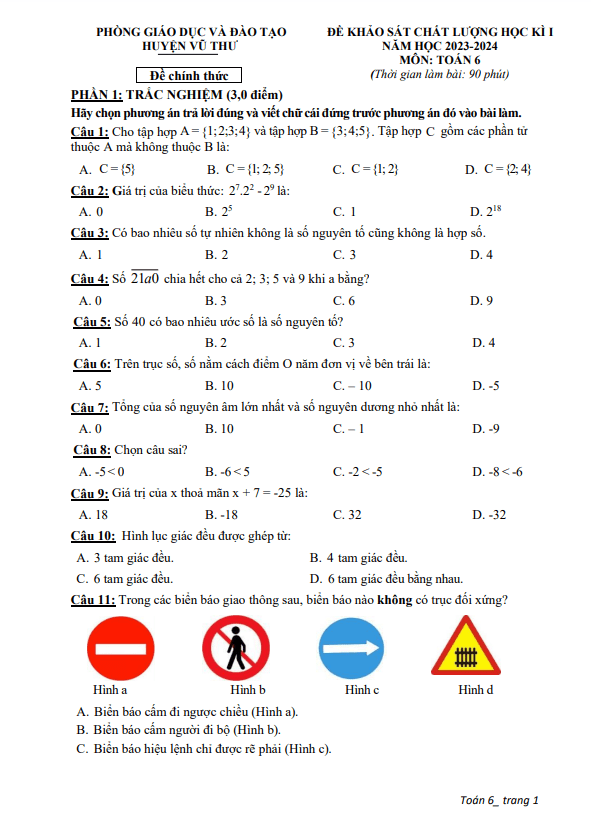 Đề học kì 1 Toán 6 năm 2023 – 2024 phòng GD&ĐT Vũ Thư – Thái Bình