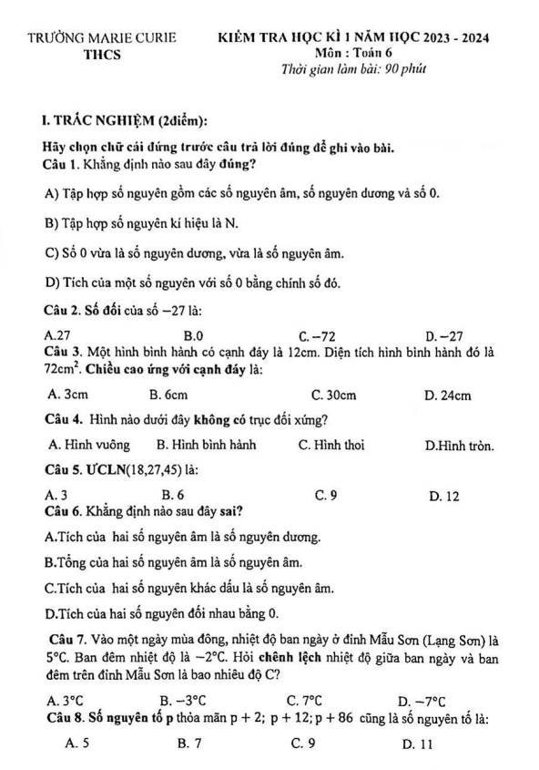 Đề học kì 1 Toán 6 năm 2023 – 2024 trường Marie Curie – Hà Nội