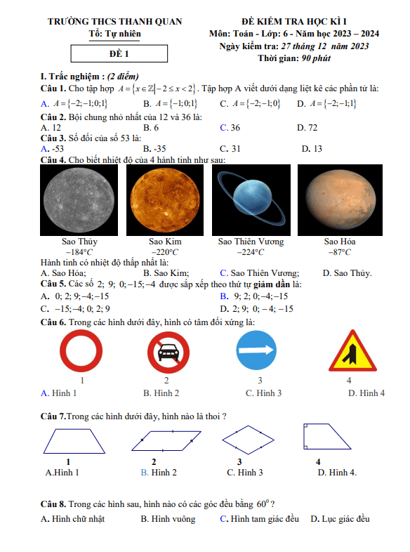 Đề học kì 1 Toán 6 năm 2023 – 2024 trường THCS Thanh Quan – Hà Nội