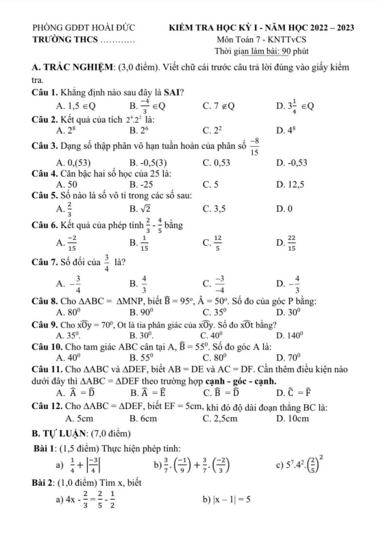 Đề học kì 1 Toán 7 KNTTvCS năm 2022 – 2023 phòng GD&ĐT Hoài Đức – Hà Nội