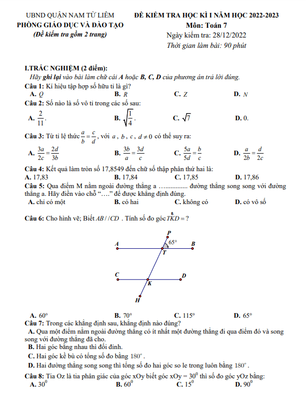 Đề học kì 1 Toán 7 năm 2022 – 2023 phòng GD&ĐT Nam Từ Liêm – Hà Nội