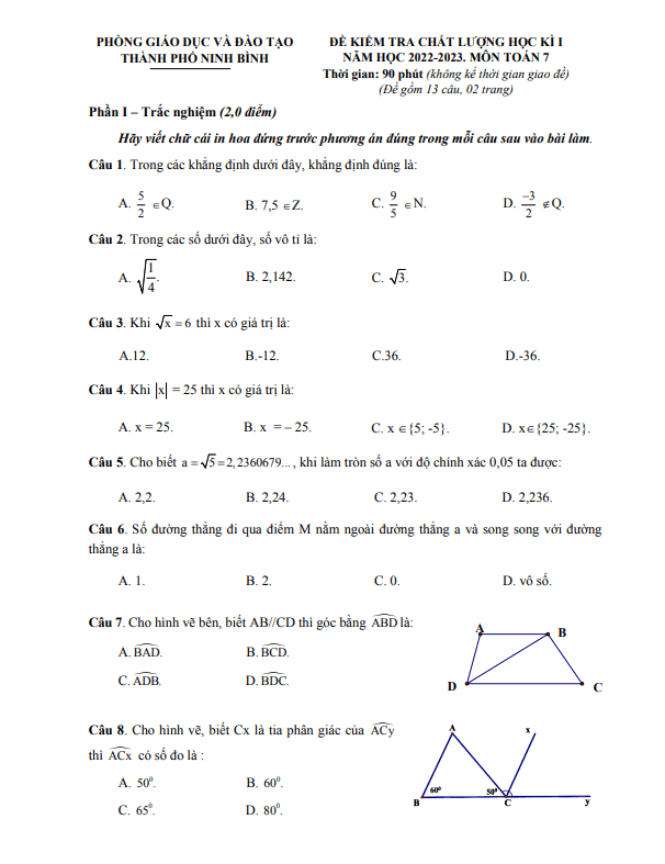 Đề học kì 1 Toán 7 năm 2022 – 2023 phòng GD&ĐT thành phố Ninh Bình