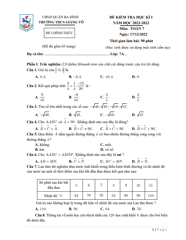 Đề học kì 1 Toán 7 năm 2022 – 2023 trường THCS Giảng Võ – Hà Nội