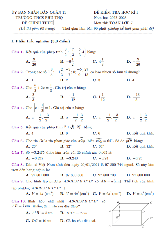 Đề học kì 1 Toán 7 năm 2022 – 2023 trường THCS Phú Thọ – TP HCM