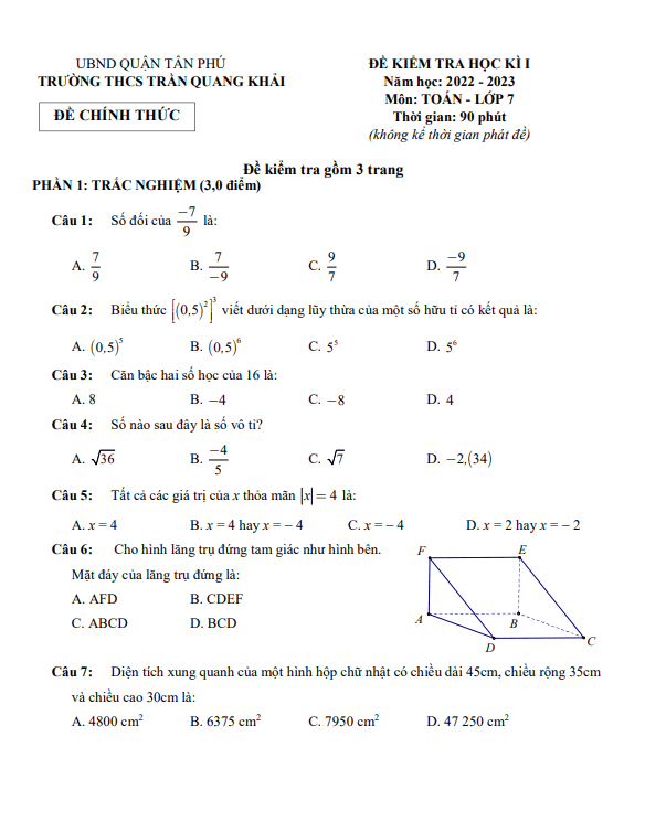 Đề học kì 1 Toán 7 năm 2022 – 2023 trường THCS Trần Quang Khải – TP HCM