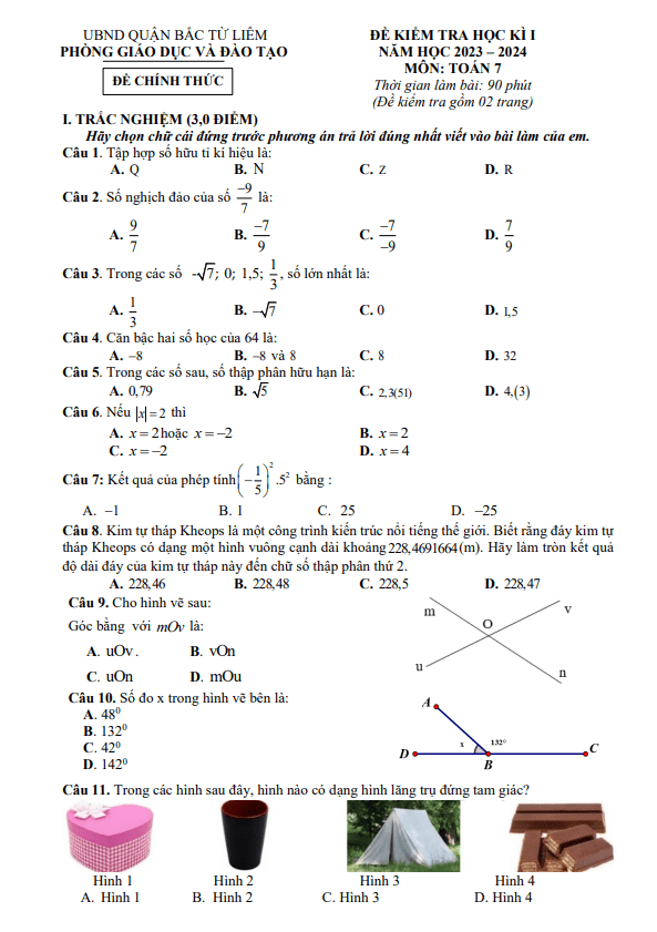 Đề học kì 1 Toán 7 năm 2023 – 2024 phòng GD&ĐT Bắc Từ Liêm – Hà Nội