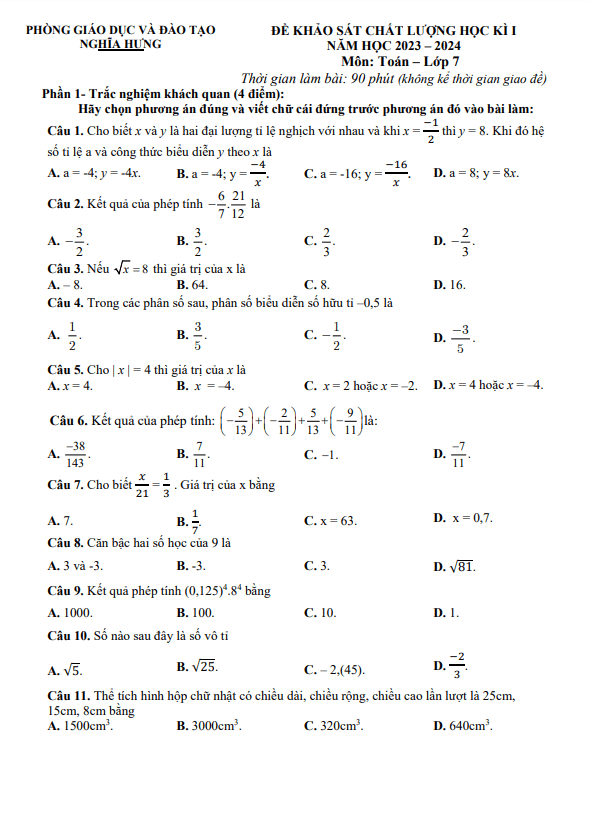 Đề học kì 1 Toán 7 năm 2023 – 2024 phòng GD&ĐT Nghĩa Hưng – Nam Định