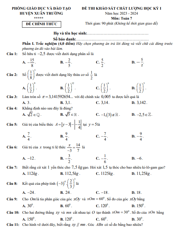Đề học kì 1 Toán 7 năm 2023 – 2024 phòng GD&ĐT Xuân Trường – Nam Định