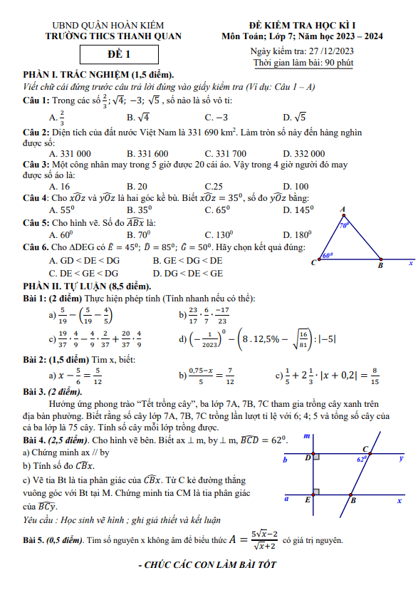 Đề học kì 1 Toán 7 năm 2023 – 2024 trường THCS Thanh Quan – Hà Nội