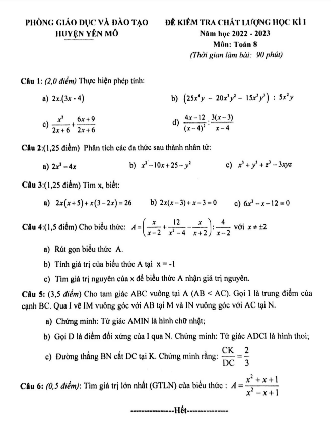 Đề học kì 1 Toán 8 năm 2022 – 2023 phòng GD&ĐT Yên Mô – Ninh Bình