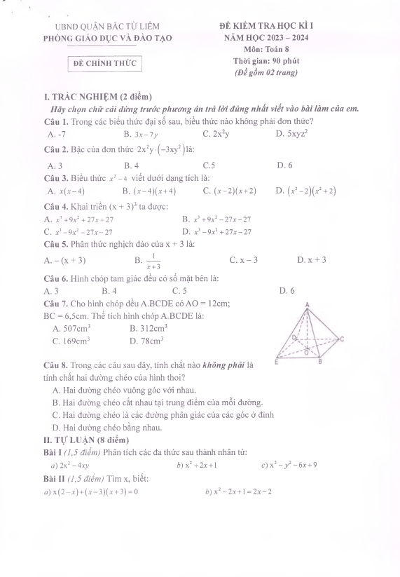 Đề học kì 1 Toán 8 năm 2023 – 2024 phòng GD&ĐT Bắc Từ Liêm – Hà Nội