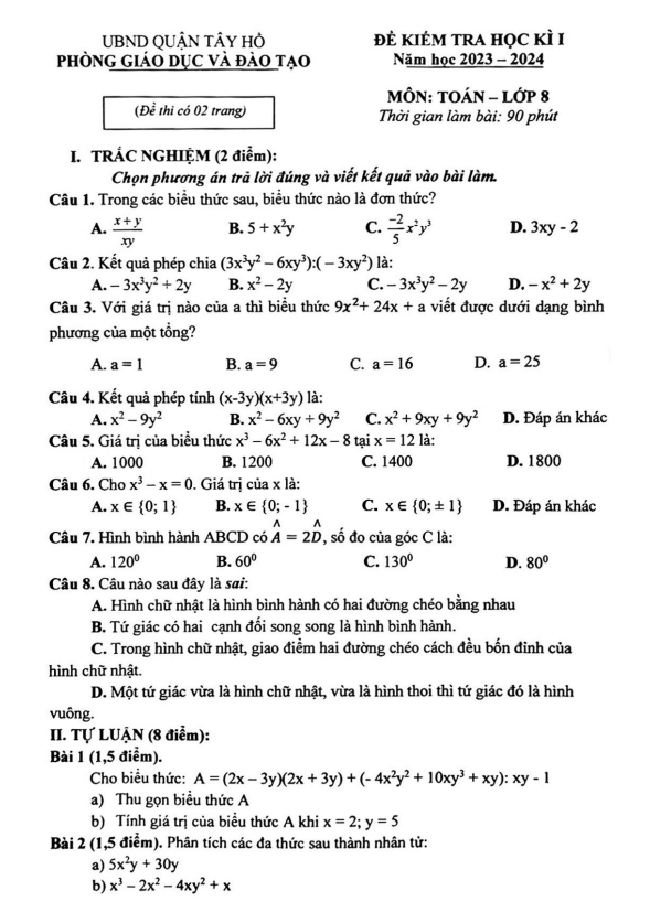 Đề học kì 1 Toán 8 năm 2023 – 2024 phòng GD&ĐT Tây Hồ – Hà Nội