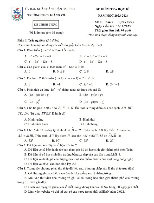 Đề học kì 1 Toán 8 năm 2023 – 2024 trường THCS Giảng Võ – Hà Nội