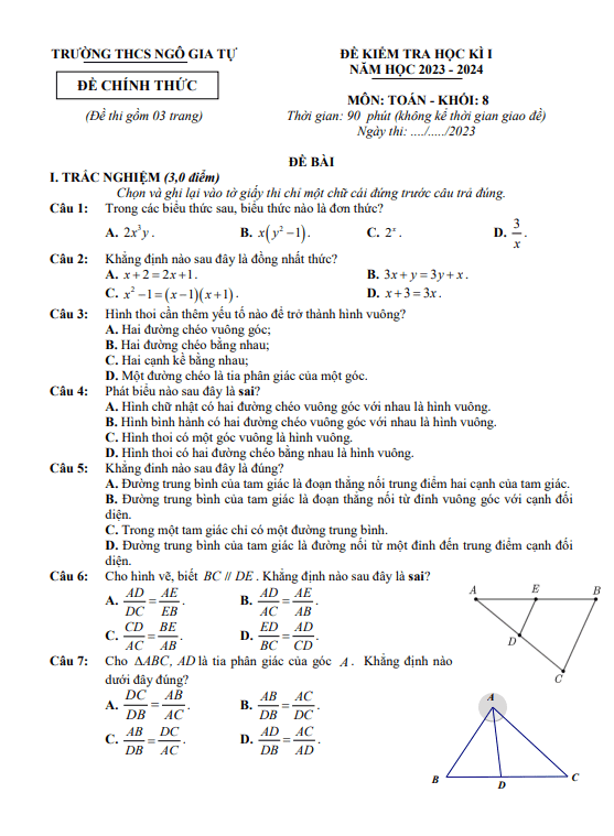 Đề học kì 1 Toán 8 năm 2023 – 2024 trường THCS Ngô Gia Tự – Hải Phòng