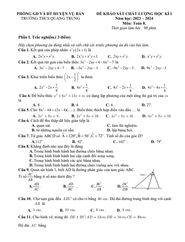 Đề học kì 1 Toán 8 năm 2023 – 2024 trường THCS Quang Trung – Nam Định