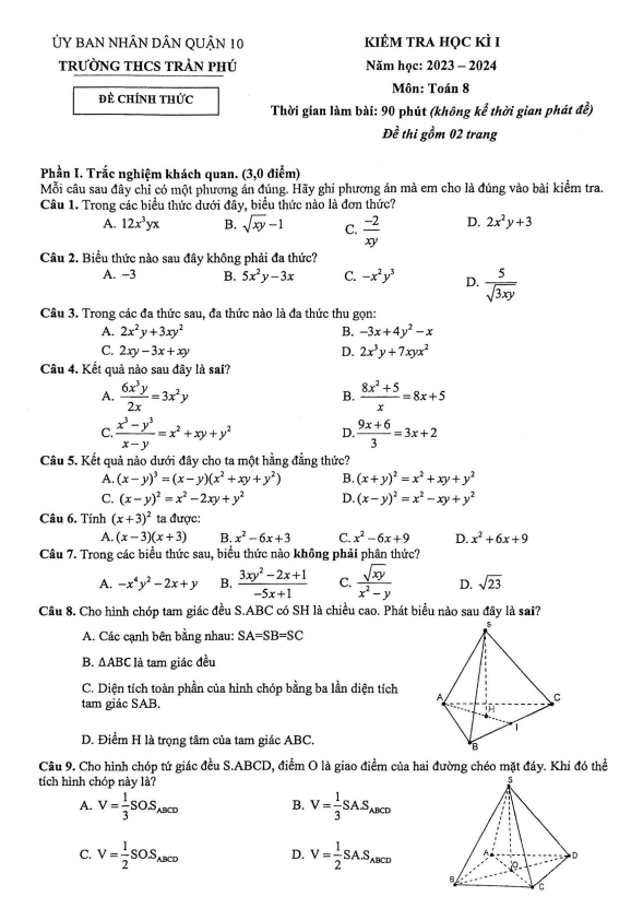 Đề học kì 1 Toán 8 năm 2023 – 2024 trường THCS Trần Phú – TP HCM