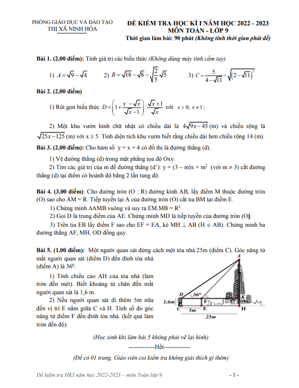 Đề học kì 1 Toán 9 năm 2022 – 2023 phòng GD&ĐT Ninh Hòa – Khánh Hòa