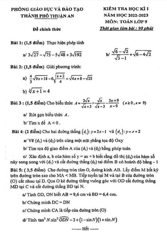 Đề học kì 1 Toán 9 năm 2022 – 2023 phòng GD&ĐT Thuận An – Bình Dương