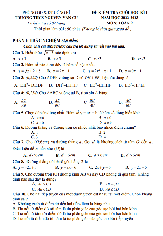 Đề học kì 1 Toán 9 năm 2022 – 2023 trường THCS Nguyễn Văn Cừ – Quảng Ninh