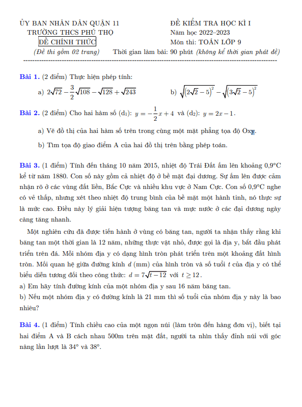 Đề học kì 1 Toán 9 năm 2022 – 2023 trường THCS Phú Thọ – TP HCM