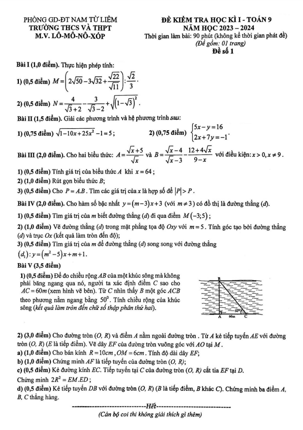 Đề học kì 1 Toán 9 năm 2023 – 2024 trường M.V. Lômônôxốp – Hà Nội