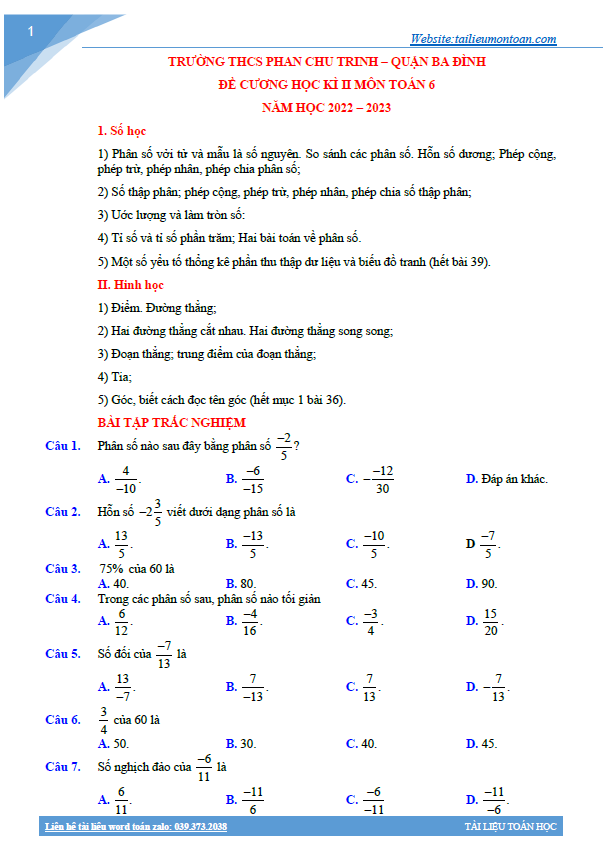Đề học kì 2 môn toán lớp 6 hà nội năm 2022-2023