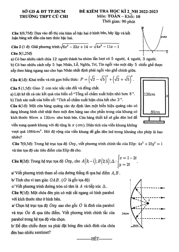 Đề học kì 2 Toán 10 năm 2022 – 2023 trường THPT Củ Chi – TP HCM