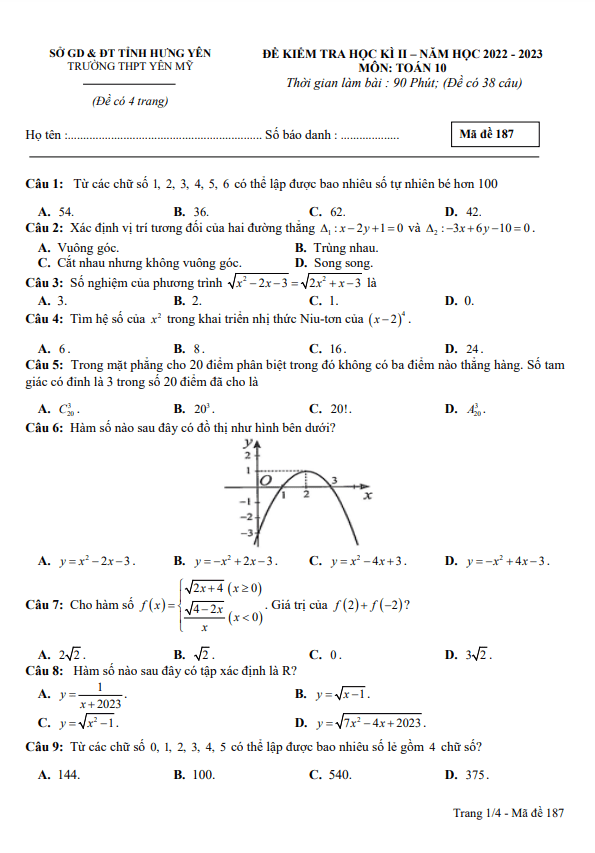 Đề học kì 2 Toán 10 năm 2022 – 2023 trường THPT Yên Mỹ – Hưng Yên