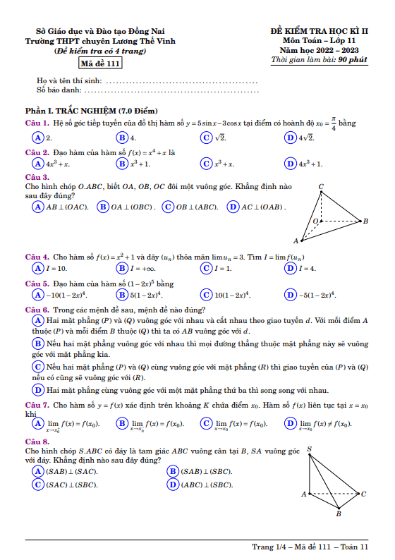 Đề học kì 2 Toán 11 năm 2022 – 2023 trường chuyên Lương Thế Vinh – Đồng Nai