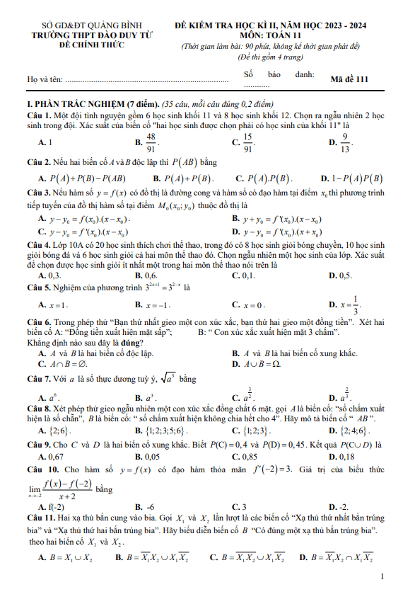 Đề học kì 2 Toán 11 năm 2023 – 2024 trường THPT Đào Duy Từ – Quảng Bình
