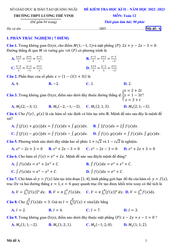 Đề học kì 2 Toán 12 năm 2022 – 2023 trường THPT Lương Thế Vinh – Quảng Ngãi